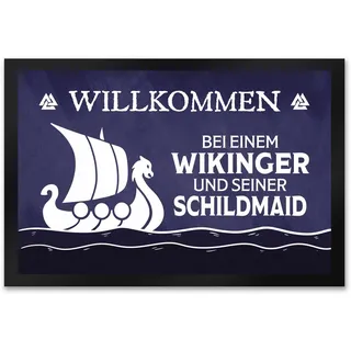 speecheese Willkommen bei einem Wikinger und Seiner Schildmaid Fußmatte XXL in 50x75 cm mit Segelboot Motiv Als Geschenk zur Hochzeit für Paare Nordmänner Vikings
