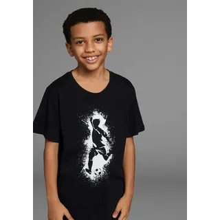 T-Shirt KIDSWORLD "Mit lässigem FUSSBALLER - Druck", Jungen, Gr. 140/146, schwarz, Jersey, Obermaterial: 100% Baumwolle, bedruckt, Basic, Rundhals, Shirts T-Shirt, Kurzarm, Basic-Passform, mit stylischem Druck, Rundhalsausschnitt, Topseller
