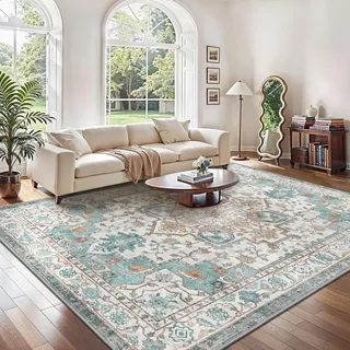 GENIMO Vintage Groß Türkis Teppich Wohnzimmer 200x290cm Waschbar | Waschbarer Retro Teppich,Weich,Rutschfest Kurzflor,für Wohnzimmer,Schlafzimmer, Esszimmer,Büro,Carpet,Teppiche