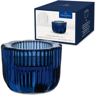 Villeroy & Boch – Fleur Bleu Kerzenständer 2-in-1 Blau, Spülmaschinenfest, Glas-Kerzenhalter in Blau Für Teelichter und Stumpenkerzen/Stabkerzen, Handgefertigt, Deko Wohnung, Glas