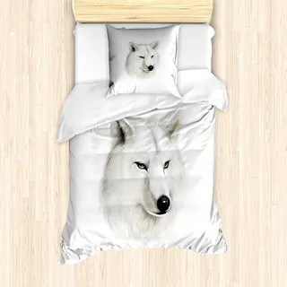 ABAKUHAUS Wolf Mantele, Weiß Canine Kopf Säugetier, Milbensicher Allergiker geeignet mit Kissenbezügen, 135 cm x 200 cm - 80 x 80 cm, Schwarz Beige Gelb - Weiß
