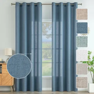 MIULEE Vorhänge Gardinen Ösenvorhang Leinenoptik 2er Set Blau 140x245cm | Wohnzimmer Leinen Vorhang Boho Gardine mit Ösen Semi-transparent Leinenvorhang Curtains