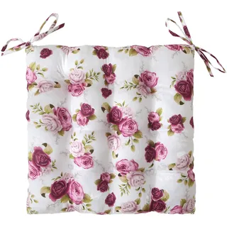 wometo Landhaus Sitzkissen Rosen 40x40 Oeko-TEX rosa pink weiß | gesteppte Sitzpolster / Stuhlkissen mit Steppung mit Bändern für Indoor und Outdoor, drinnen und draußen nutzbar