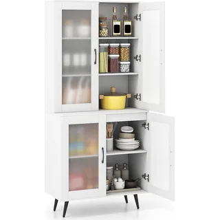 COSTWAY 178,5 cm Küchenschrank, Küchenregal mit 4 transparenten Türen & verstellbares Regal, Buffetschrank Standregal Hochschrank, Weiß - Weiß