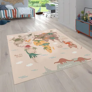 Paco Home Kinderteppich »Bino 583«, rechteckig, 4 mm Höhe, Spielteppich, Motiv Weltkarte & Dinosaurier, Kinderzimmer Beige