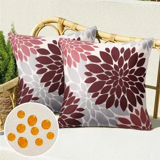 Serento Kissenbezug 50x50 Frühling Moderne Outdoor Kissen Sofakissen Kissenhülle Kissenbezüge Wasserdicht Leinen Sommer Rot Dahlie Blume für Wohnzimmer Schlafzimmer Sofa Garten Terrasse Deko, 2er Set