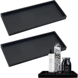 2 Stück Badezimmer Tablett, Schwarzes Rechteckiges Aufbewahrungstablett, Silikon Deko für Waschtisch, Badewanne, Küchenspüle und Toilette