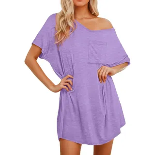 Nachthemd Damen Lang Schlafkleid Sommer Kurzarm Lange Negligee Lose Hauskleid Bequem Nachthemden Schlafshirt Big Shirt Loose Für Lustig Night Dress for Women Morgenmantel Nachtshirt