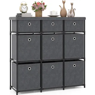 COSTWAY Kommode mit 9 Schubladen, Aufbewahrungstisch mit Metallrahmen und klappbaren Stoffbehältern, Nachttisch fürs Schlafzimmer, Stoffkommode grau - Grau