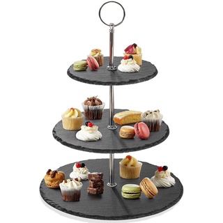 Qhecomce Tortenständer Schiefer Etagere 3 Etagen - Cupcake Ständer 3 stöckig Runder Servierturm Dessert Ständer für Hochzeit, Geburtstagsparty, Heimdekoration (Natural Cut Edge)