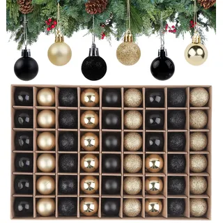 Anstore 54er Mini Weihnachtskugeln Schwarz Gold Set, Glitter Matte Glossy 3cm Kleine Christbaumkugeln Kunststoff Weihnachtsbaum Splitterfreie Kugeln Christbaumschmuck mit Aufhänger Deko Weihnachten