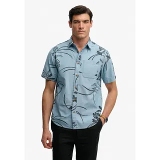 Kurzarmhemd SUPERDRY "VINTAGE LOOM S/S SHIRT", Herren, Gr. M, N-Gr, blau (mid wash blau hawaiian), Web, Obermaterial: 100% Baumwolle, gemustert, relaxed fit normal, Rundhals, Hemden Kurzarmhemd, mit sommerlich coolem Hawaii-Blumen-Print