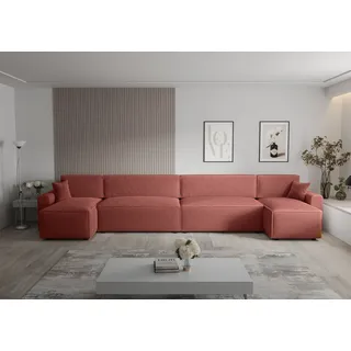 Ecksofa Alvito 2xU BIS, Farbe: Rosa. Material: Kord. A: B: 424 cm,H: 85 cm,Tiefe: 105 cm, Eckcouch, Schlafcouch, Sofa bed, Schlafsofa - Rosa