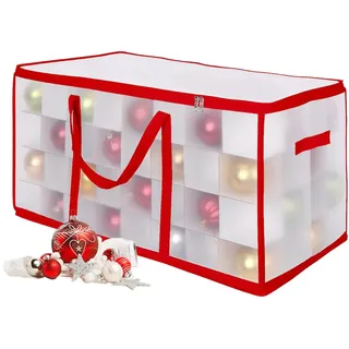 Relaxdays Weihnachtskugel Aufbewahrungsbox, 128 Kugeln, HxBxT: 37x73x36 cm, Kunststoff, Pappe, Kugelbox, transparent/rot