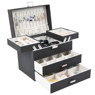 Dajasan Schmuckkästchen, Schmuckaufbewahrung, 4 Ebenen Schmuckschatulle mit 2 Schubladen, Groß Schmuckbox für Ringe, Ohrringe, Halskette, Uhren, Armbänder (Schwarz)