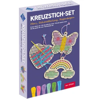 Pebaro STICK1 - Kreuzstich-Set: Herz, Schmetterling, Regenbogen mit Garn und Nadel