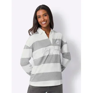 Poloshirt HEINE "Poloshirt", Damen, Gr. 42, grau (grau, ecru, bedruckt), 94% Baumwolle, 6% Polyester, gemustert, mehrfarbig, V-Ausschnitt, Shirts Poloshirt