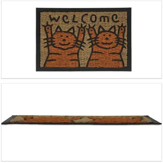 Relaxdays Fußmatte Kokos, mit Katzen & Welcome Spruch, gummiert, innen und außen, Türabtreter 60 x 40 cm, orange/Natur