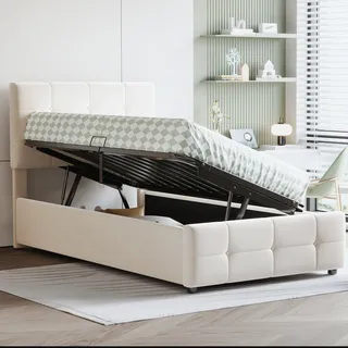Flieks Hydraulisches Polsterbett 90x200cm mit Stauraum, Boxspringbetten Stauraumbett mit Lattenrost, Jugendbett Einzelbett Kinderbett, Samt, Beige - Beige