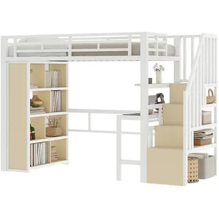 Stilvora Hochbett 90/200 cm in Weiß mit Schreibtisch, Regal, LED und Stauraumstufen , Metall, Holzwerkstoff , 3 Fächer , 90x200 cm , Babymöbel & Kindermöbel, Kinderzimmer & Jugendzimmer, Kinderbetten, Hochbetten