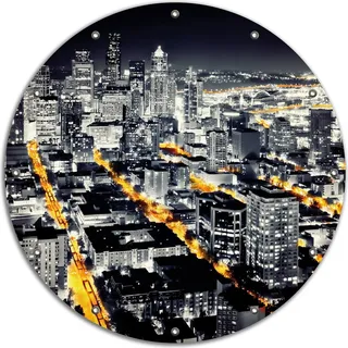 Wallario rundes Outdoor-Poster für Garten oder Balkon, Motiv Großstadt bei Nacht - Seattle in schwarz weiß gelb, 90 cm Durchmesser - Schwarz