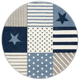 my home Kinderteppich »Stern« rund 13 mm Höhe Kurzflor-Teppich, handgearbeiteter Konturenschnitt, Patchwork-Design, blau