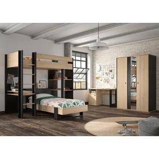 Gami Jugendzimmer-Set »Duplex«, (4 tlg., Bett, Kleiderschrank, Schreibtisch, Hochbett), schwarz