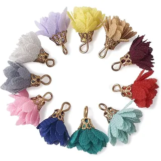 Cheriswelry 100 Stück Chiffon-Blumen-Anhänger, 3D-Tuch, Blumen-Charms, Stoff, Blütenblatt-Quaste mit goldenen Erkenntnissen für die Herstellung von Schmuck und Ohrringen