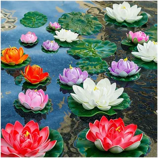 WhistenFla Künstliche Lilien-Pads für Teich, 27,9 cm und 15,2 cm, künstliche Blumen, schwimmende Schaumstoff-Lotusblume mit künstlichen Lilien-Pads, für Pool, Garten, Koi, Fische, Teich, Aquarium,