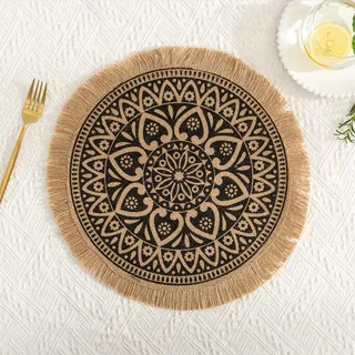 Rund Gewebte Platzset,Boho Tischsets,Jute Tischsets mit Mandala Quaste,Böhmen Farmhouse Retro Restaurant Tischdekoration Platzdeckchen Tischsets für Hochzeit Festival Party Küche Speisetisch,2er Set L