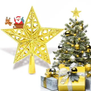 Weihnachtsbaumspitze Stern Vintage Leicht Klassisch Kunststoff Ausgehöhlt Weihnachts Dekoration Stern, Ideale Christbaumspitze Dekoration Ornament Christmas Tree Topper, Gold