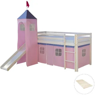 Homestyle4u Hochbett 90 x 200 cm Kiefer massiv lackiert Weiß/Rosa