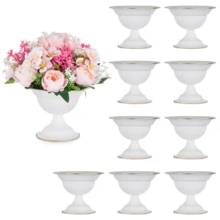 Sziqiqi Vase Weiß Kleine für Hochzeit: 13 cm Hoch Metall Urne Vasen Set of 10 - Blumentopf Weiss für Tischdeko - Vintage Blumenvase für Party Taufe