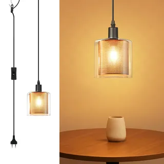 ZMH Hängelampe Vintage Pendelleuchte 1 Flammig Glas Gold Hängeleuchte mit | Stecker und Schalter Pendellampe E14 4,5M Kabel Metall Retro Esstisch Lampe Hängend für Esszimmer Wohnzimmer Küche