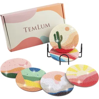Temlum Diamond Painting Untersetzer mit Halter, 6er Set Diamond Painting für Erwachsene und Anfänger DIY Untersetzer Diamant Painting Set Basteln Erwachsene(Abstrakte Landschaft)
