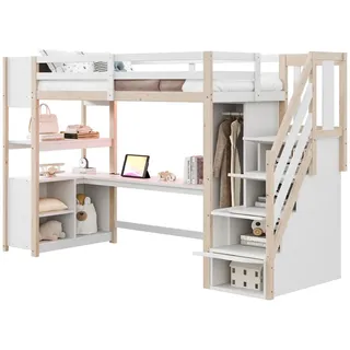 Wishdor Hochbett 90/200 cm in Weiß & Natur mit Schrank, Schreibtisch, Regal, LED und Steckdose , Holz, Holzwerkstoff , Rechteckig , 90x200 cm , Babymöbel & Kindermöbel, Kinderzimmer & Jugendzimmer, Kinderbetten, Hochbetten