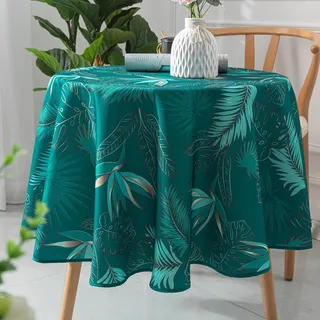 Homemaison - Exotische Tischdecke, rund, schmutzabweisend, 100% Polyester, Bedruckt mit tropischen Blättern, Schrägband, weich, Ø 160 cm, Pfauenblau