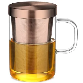 ecooe 500 ml(volle Kapazität) Glas Tasse mit Bronze Edelstahl sieb und Deckel Teeglas Teebecher aus Borosilikat Teetasse für Tee Grüner Tee Fruchttee Teebeutel