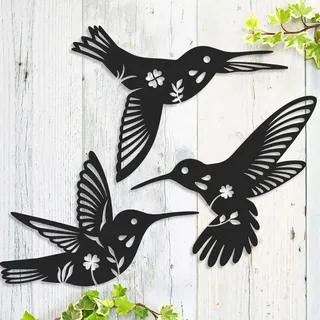 Daogtc Metall-Kolibri-Wandkunst, Dekoration, schwarze Metall-Wandkunst, Vogel-Wandskulptur für Zuhause, Küche, Terrasse, Schlafzimmer, Wohnzimmer, Badezimmer (3 Stück)