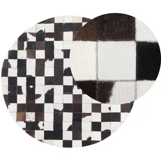 Beliani Kurzflor-Teppich Bergama 140/140 cm , Schwarz , Fell , Kariert , Rund , 140x140 cm , Teppiche und Böden, Teppiche, Orientteppiche