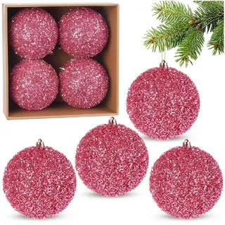 Brubaker Glitzer Weihnachtskugeln - 4er Set große Glitter Baumkugeln - 10 cm Christbaumkugeln Bruchsicher aus Kunststoff - Christbaumschmuck für Weihnachtsdeko - Weihnachtsbaumkugeln - Rosa