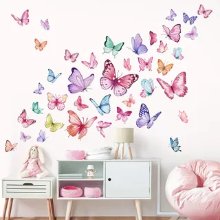 wondever Wandtattoo Aquarell Schmetterlinge Rosa Wandaufkleber Bunt Schmetterling Mädchen Wandsticker Wanddeko für Mädchenzimmer Kinderzimmer Babyzimmer