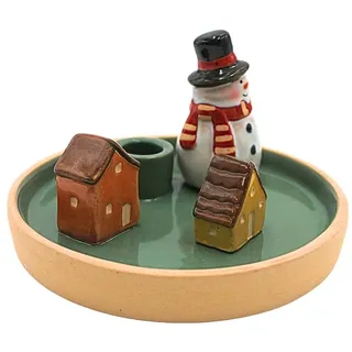 Kerzenhalter, Kerzenteller, Kerzenständer, Dekoteller, Stabkerzenhalter, Kerzenhalter-Weihnachten, Keramikteller mit Schneemann und Häusern aus Steingut, Bunt, L/B/H: 15 x 15 x 8 cm.