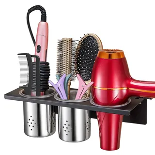 LOXSUN Fönhalter Ohne Bohren, 3-in-1 Fönhalterung mit Edelstahl Becher für Lockenstab & Haarbürsten & Glätteisen und Föhn Halterung, Föhnhalter Wand Haartrocknerhalter für Bad (Schwarz)