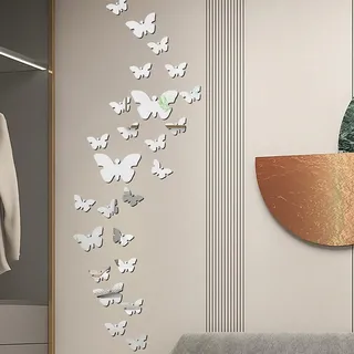 36 Stück Wandtattoo Schmetterlinge, Wandaufkleber Spiegel zum Kleben Aufkleber Acryl Silber 3D Schmetterling Deko, Wandsticker Wanddeko Wandkunst Abnehmbar für Schlafzimmer, Wohnzimmer, Haus Deko