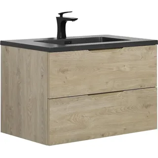 Badplaats Badmöbel Set mit Waschbecken und Unterschrank Cairo 80 x 48 cm Kastanien Eiche - Waschbeckenunterschrank mit Soft-Close und Waschbecken, Vorgemontiert - Schwarz