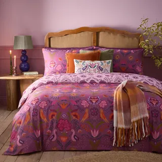 furn. Broderie Bettbezug Set - Wendbar Floral Stickerei Illusorische Vögel Baumwollmischung Pflegeleicht Bettwäsche (Damson – King UK Standard – 230x220cm)