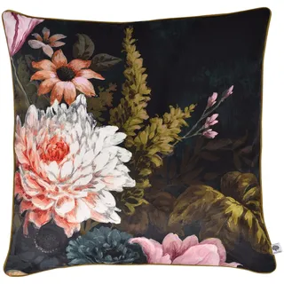 Appletree - Schwarzes florales Samtkissen (55 x 55 cm) – weiches Samtkissen – Füllung inklusive – paspelierter Rand – Blumenkissen aus Samt – schwarzes Samtkissen mit Blumen – Luxus-Kissen