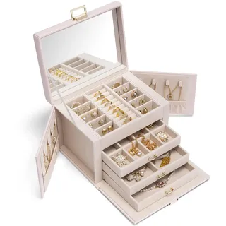 VLANDO Schmuckkästchen Schmuckkasten Groß mit 4 Ebenen, Schmuckschatulle PU Leder, Schmuckbox mit Spiegel und Schubladen, Schmuck Organizers, Innenfutter aus Samt, Beige