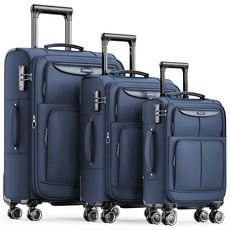 SHOWKOO Kofferset 3 Teilig Stoffkoffer Weichschale Erweiterbar Reisekoffer Leicht Haltbar Trolley Handgepäck Sets mit TSA Schloss und 4 Rollen (M L XL -Blau)